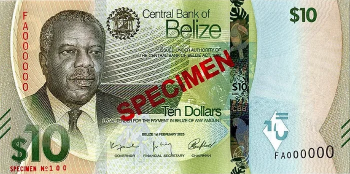 Belize ten dollar banknote (specimen), part of the Belize Dollar currency