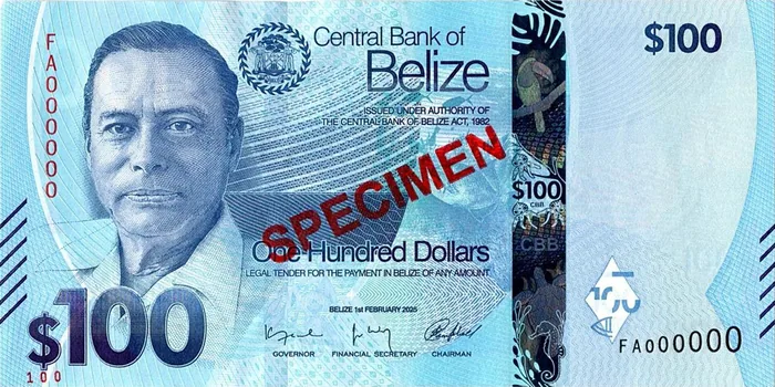 Belize one hundred dollar banknote (specimen), part of the Belize Dollar currency