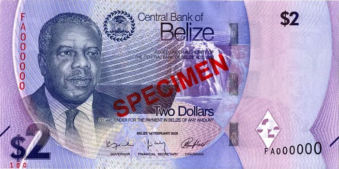 Belize two dollar banknote (specimen), part of the Belize Dollar currency