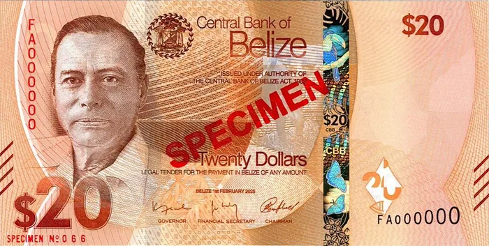 Belize twenty dollar banknote (specimen), part of the Belize Dollar currency
