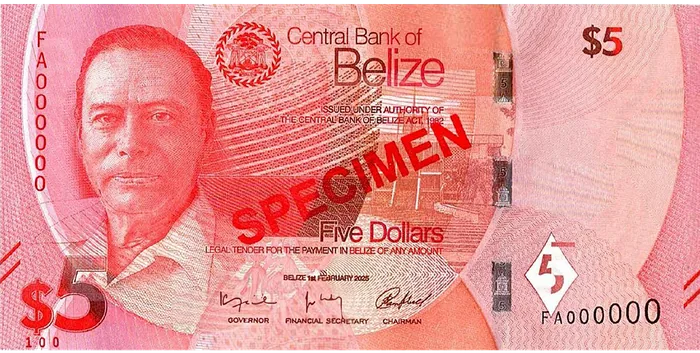 Belize five dollar banknote (specimen), part of the Belize Dollar currency