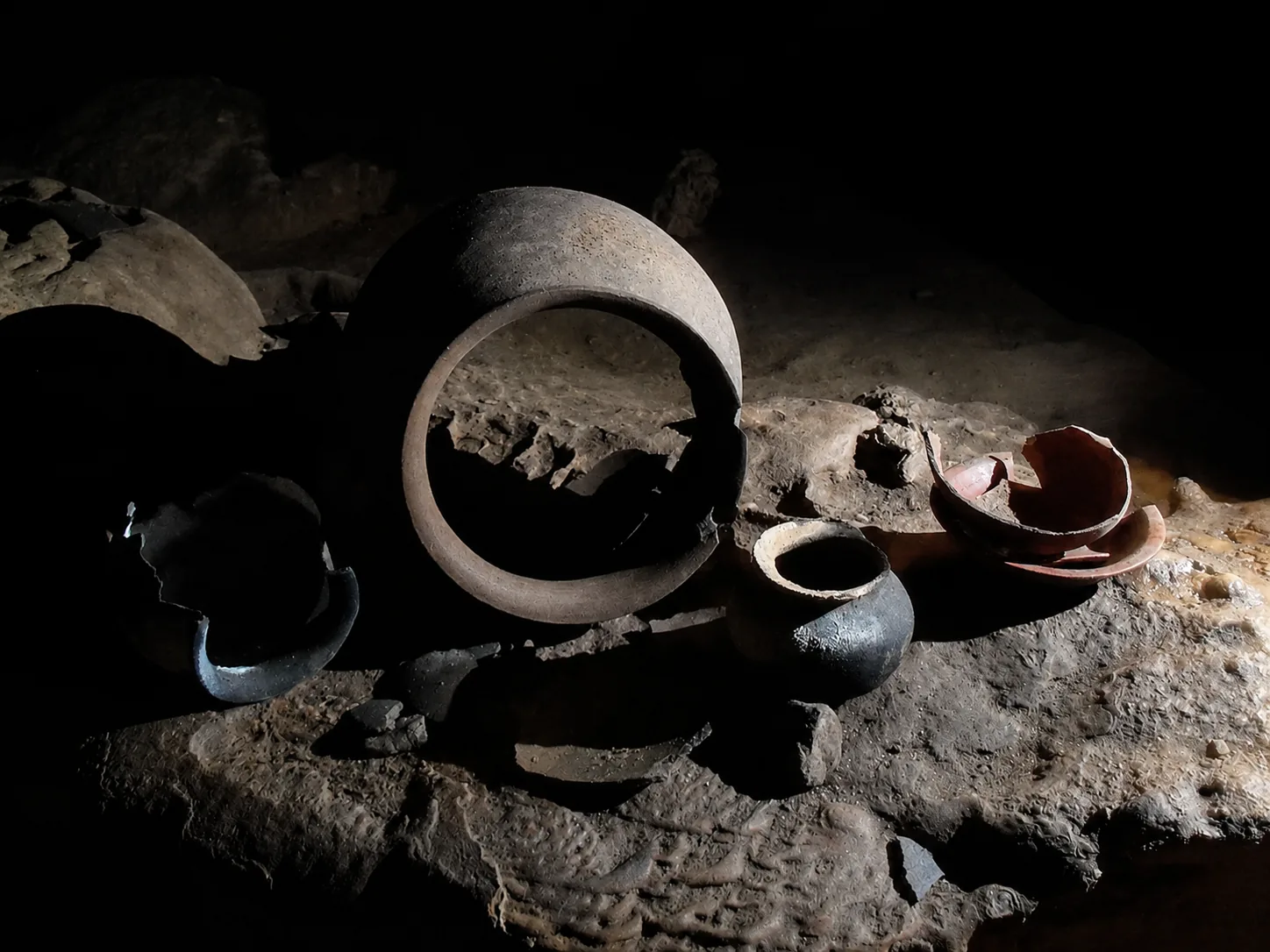 Ancient Maya ceramic vessels left in place inside the ATM Cave (Actun Tunichil Muknal), Belize