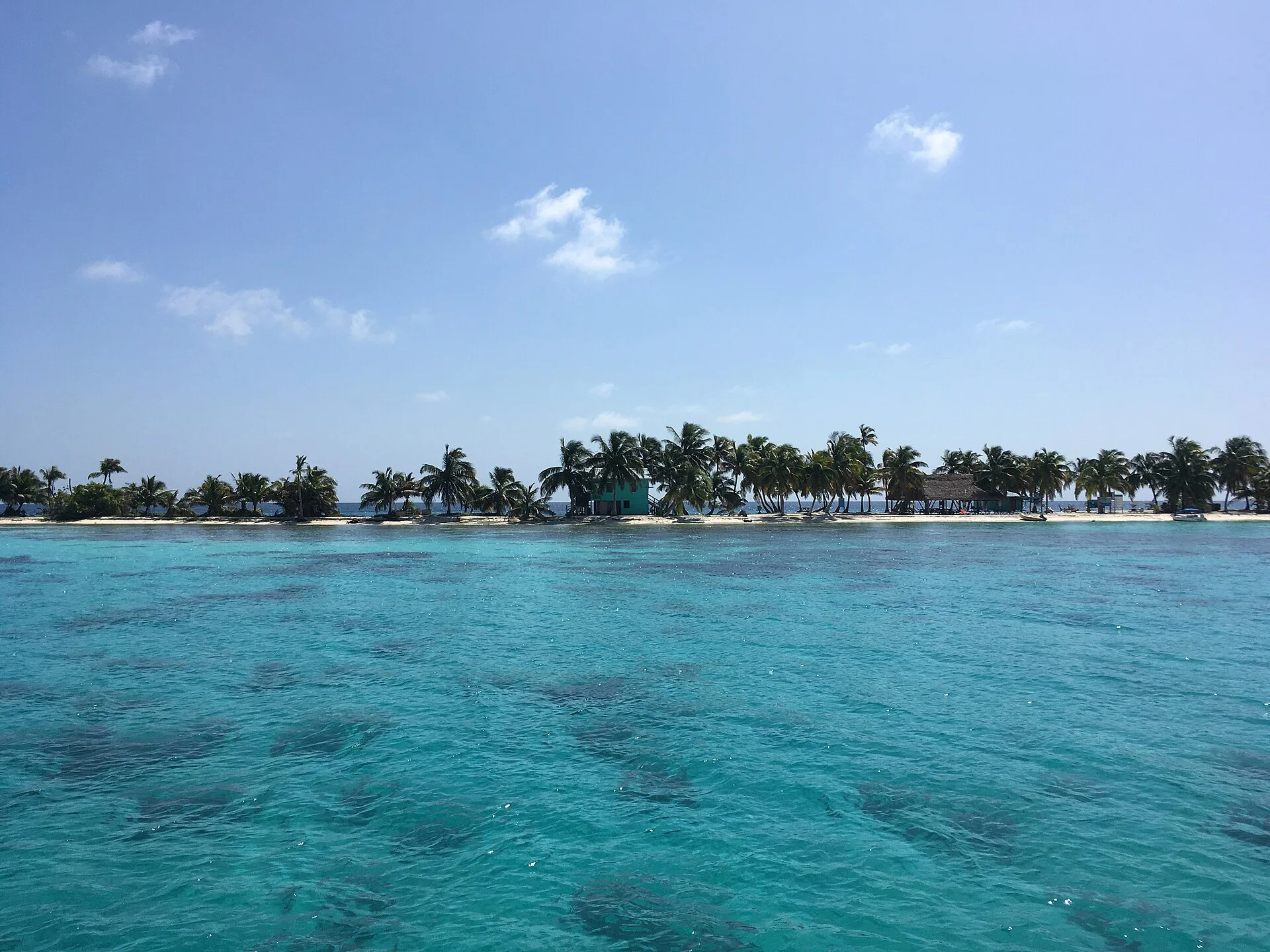 Palm-lined Laughing Bird Caye seen across clear turquoise water inside the Belize Barrier Reef