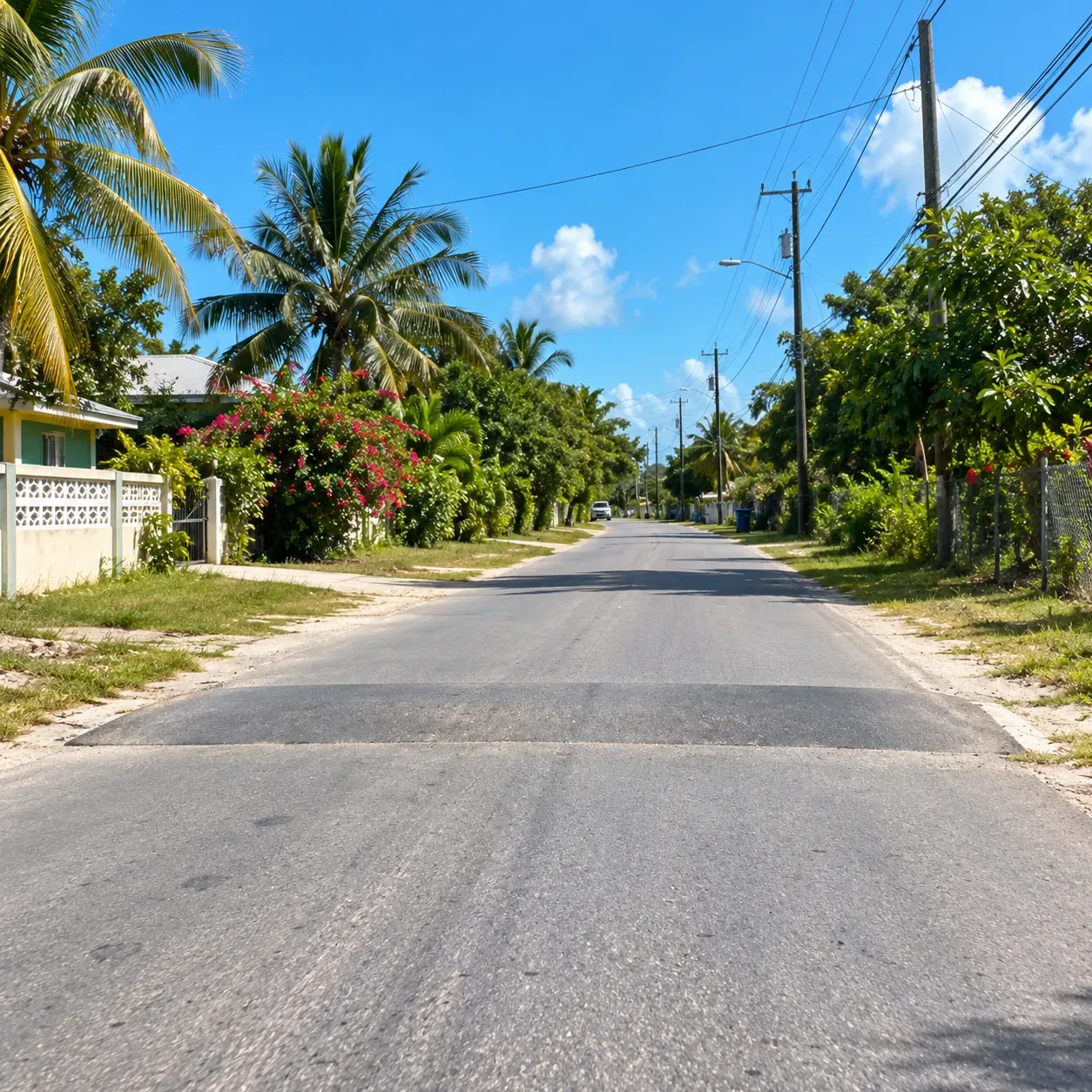 Unmarked speed bump, a sleeping policeman, across a quiet palm-lined village road in Belize