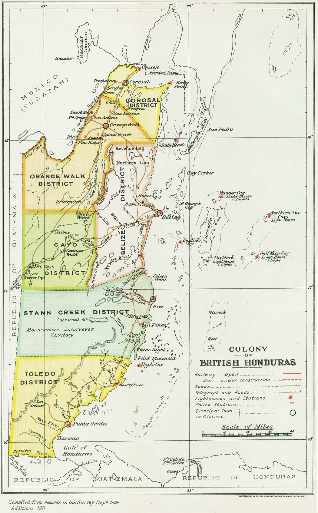 Antique 1909 map of the Colony of British Honduras showing the same six districts as present-day Belize