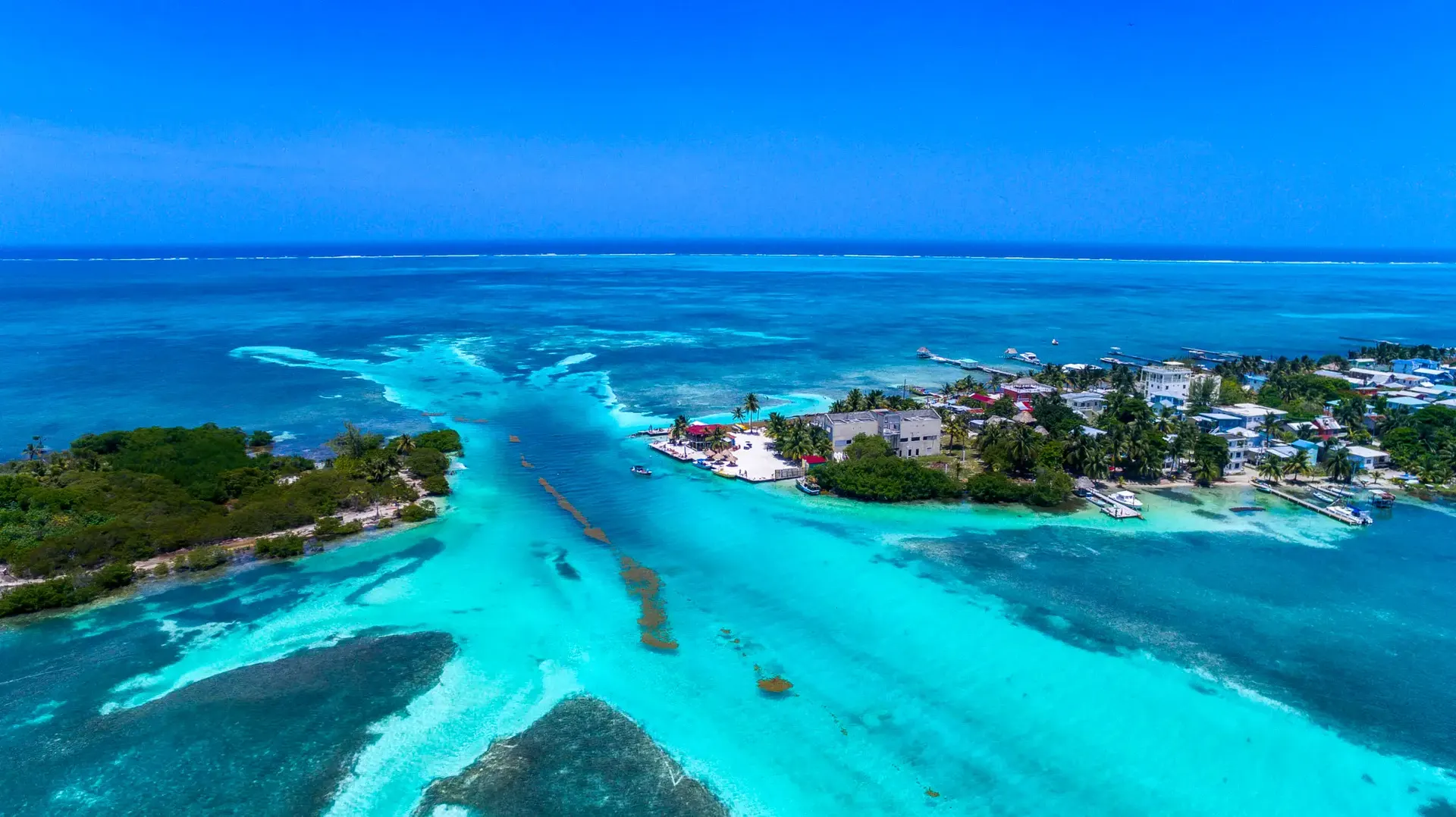 Aerial view of Caye Caulker and the Belize Barrier Reef
