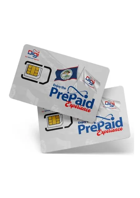 Two Digi prepaid SIM cards with the Belize flag, from Belize's national telecom provider