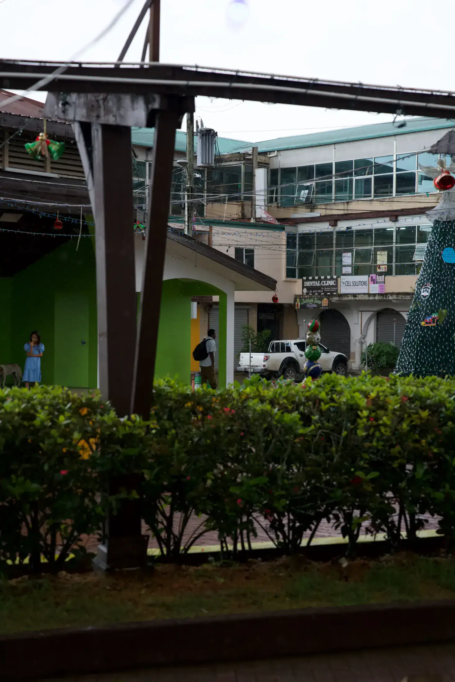The Christmas tree and decorations in the town plaza of San Ignacio, Belize