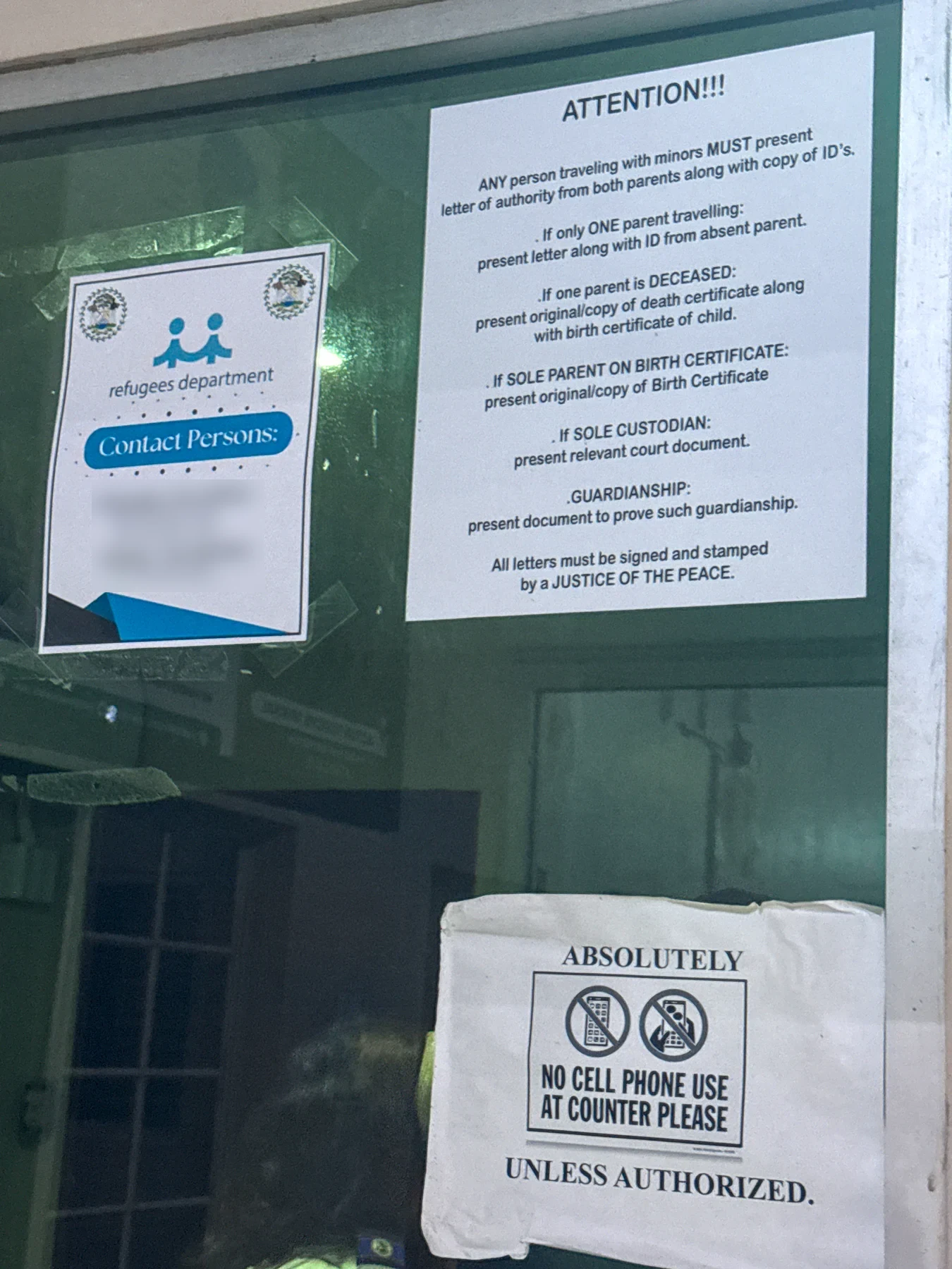Notice posted at Belize immigration listing the documents required to travel with a minor, including a letter of authority from both parents signed and stamped by a Justice of the Peace