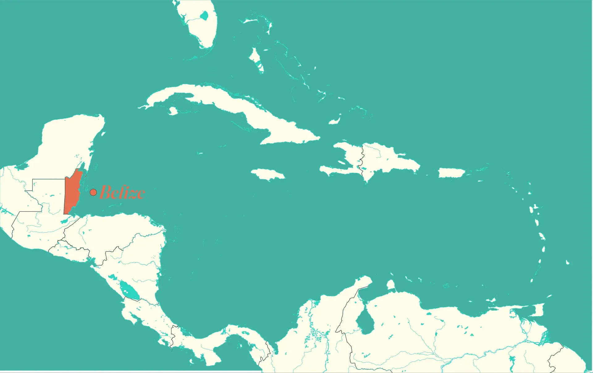 Map of Central America showing where Belize is located, highlighted in coral between Mexico and Guatemala on the Caribbean Sea