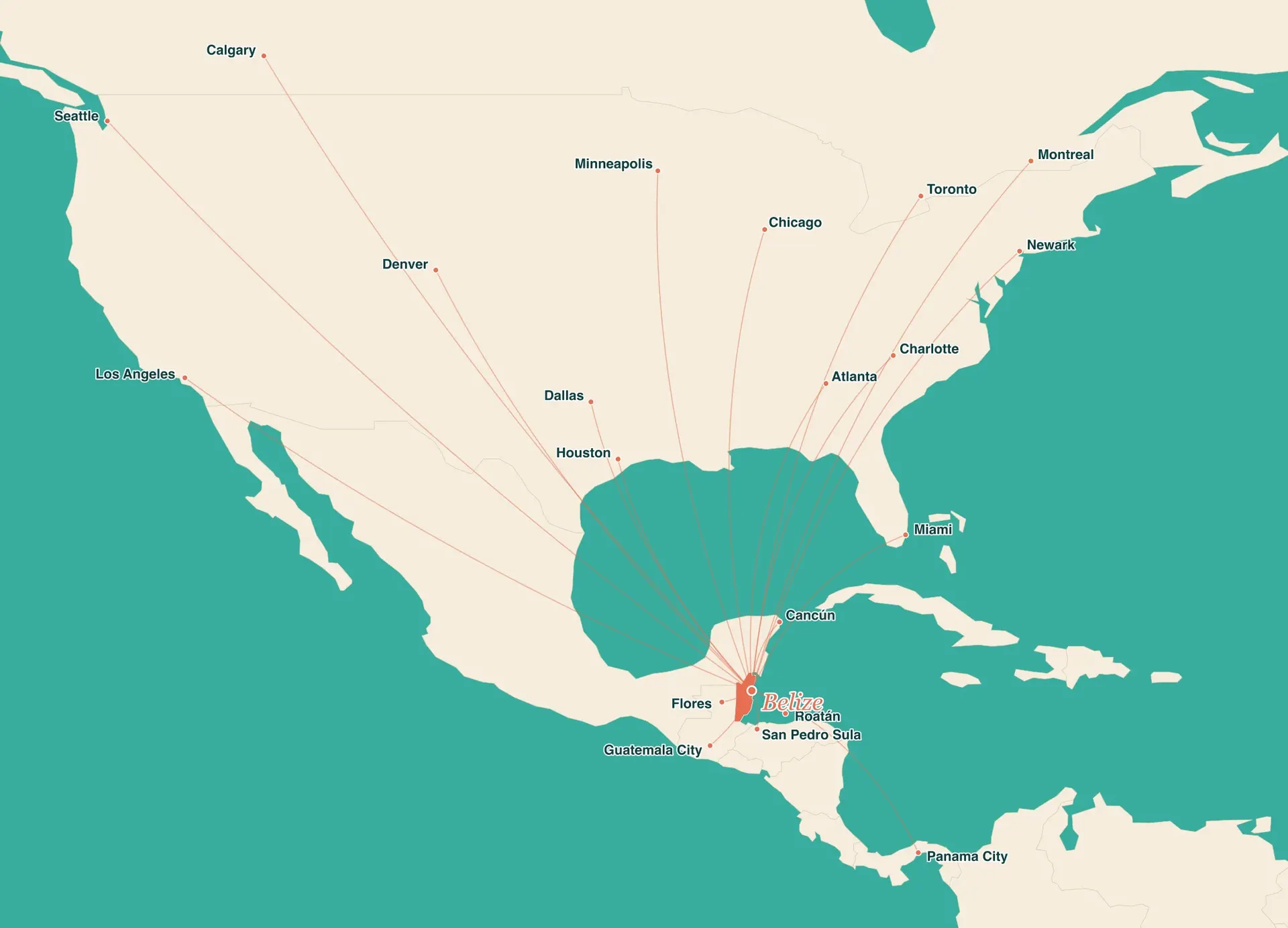 Map showing nonstop flight routes to Belize (BZE) from gateway cities across the United States, Canada, Mexico, and Central America