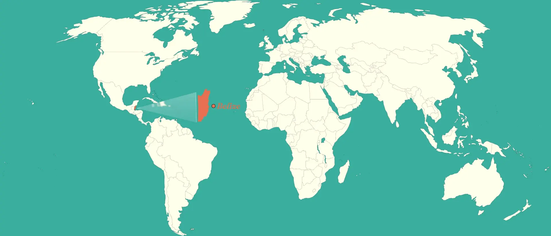 World map showing where Belize is located, highlighted in coral on the Caribbean coast of Central America between Mexico and Guatemala