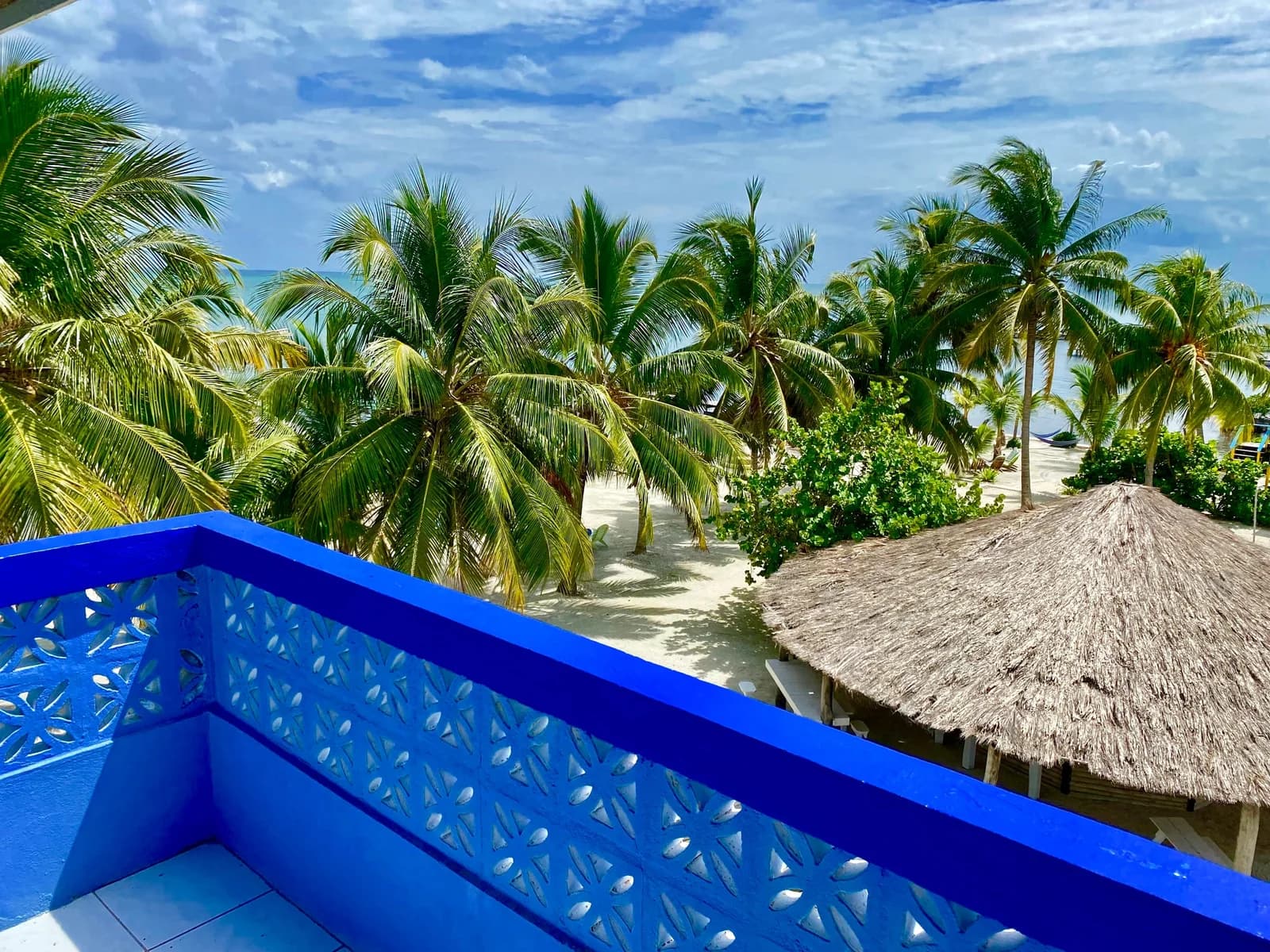 Ocean view from an Anchorage Beach Resort room balcony overlooking a thatched palapa and palm trees