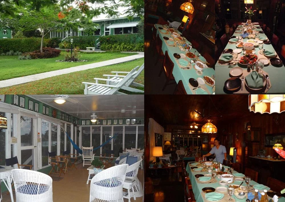 Belize River Lodge grounds, screened verandah and family style dining room set for dinner