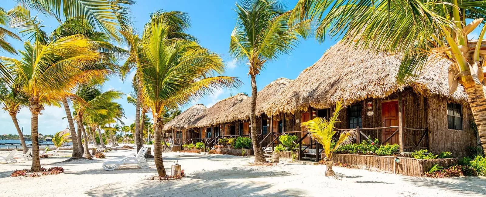 Row of thatched-roof beachfront cabanas at Captain Morgan's Retreat lining a palm-shaded white sand beach