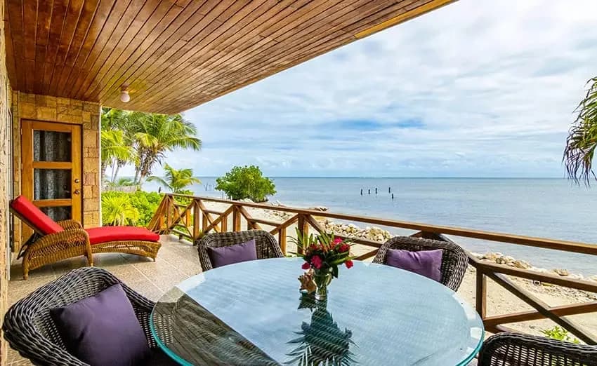 Full kitchen and living area inside a two-bedroom condo at Captain Morgan's Retreat