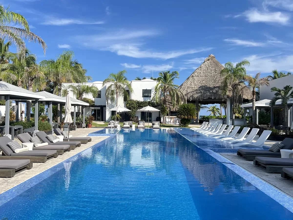 70-foot infinity pool overlooking the Caribbean Sea at Las Terrazas Resort, Ambergris Caye, Belize