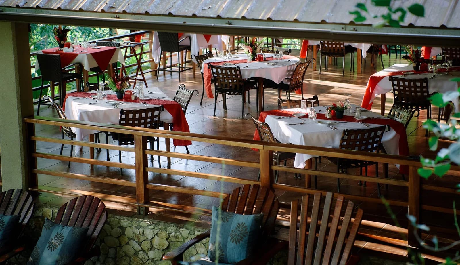 Open air dining tables set for service at La Ranita, Mystic River Resort's restaurant