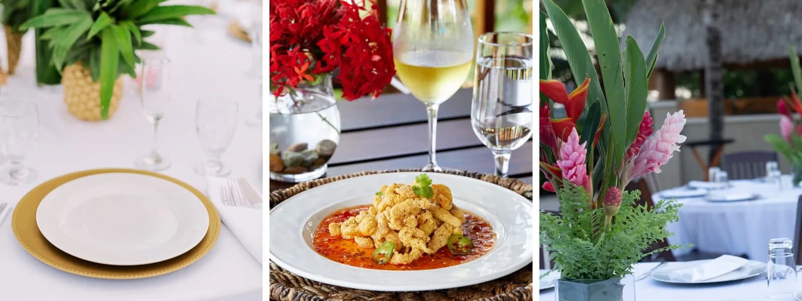 Plated seafood dish and elegant table setting for beachfront dining at Sirenian Bay Resort, Placencia, Belize