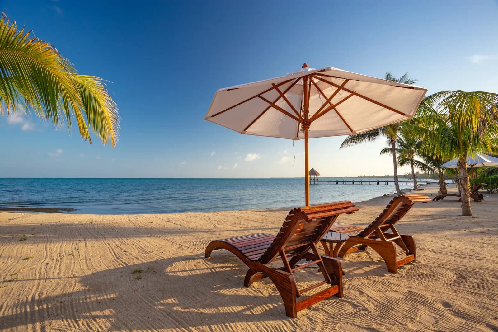 White sand beach with lounge chairs, umbrella, and palm trees fronting the Caribbean Sea at Sirenian Bay, Placencia, Belize