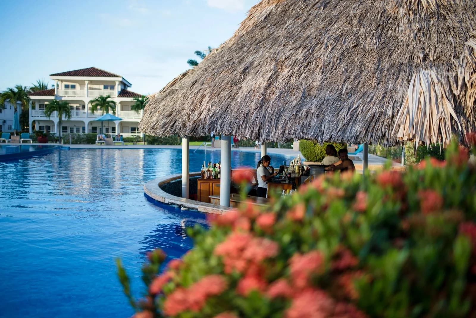 Swim-up pool bar at The Placencia Resort with a beachfront villa building in the background, Belize