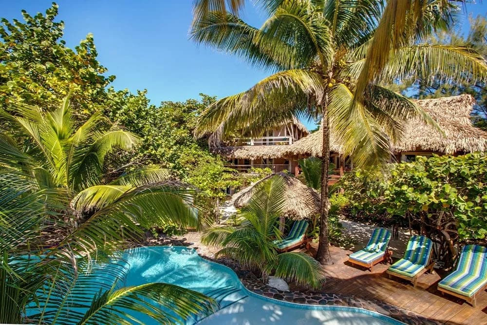 Swimming pool at Xanadu Island Resort framed by palm trees with a thatched dome building visible behind the pool deck