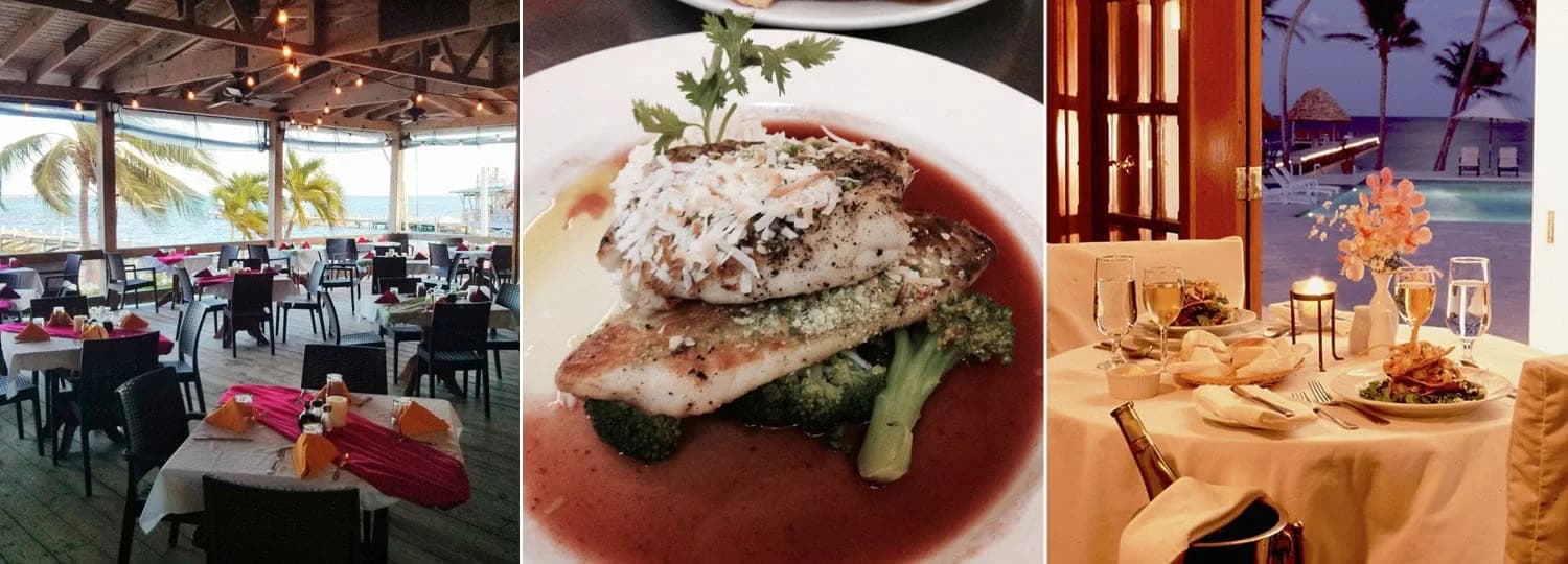 Dining scenes near Xanadu Island Resort including an oceanfront restaurant deck, a plated seafood dish, and a candlelit table overlooking the pool at sunset