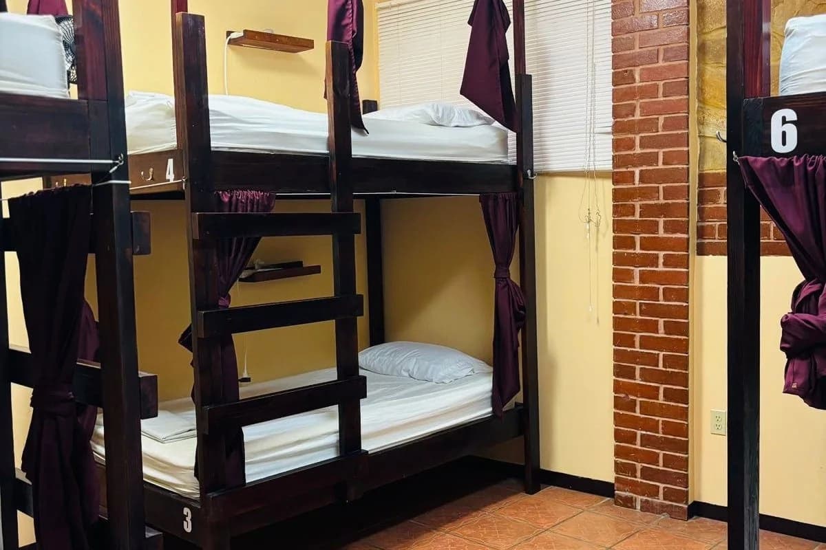 Curtained bunk beds in a dorm room at Yellow Belly Backpackers hostel in San Ignacio, Belize