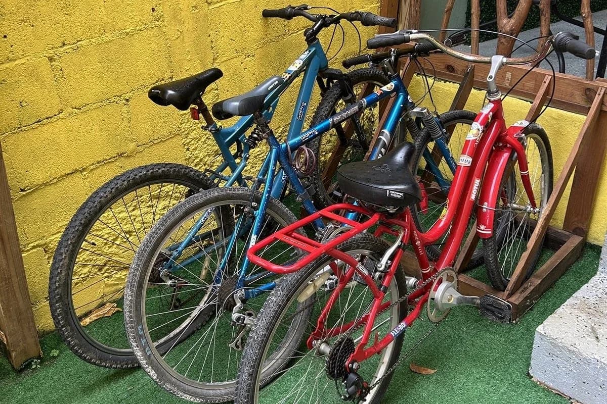 Free guest bicycles parked against a yellow wall at Yellow Belly Backpackers hostel, San Ignacio, Belize
