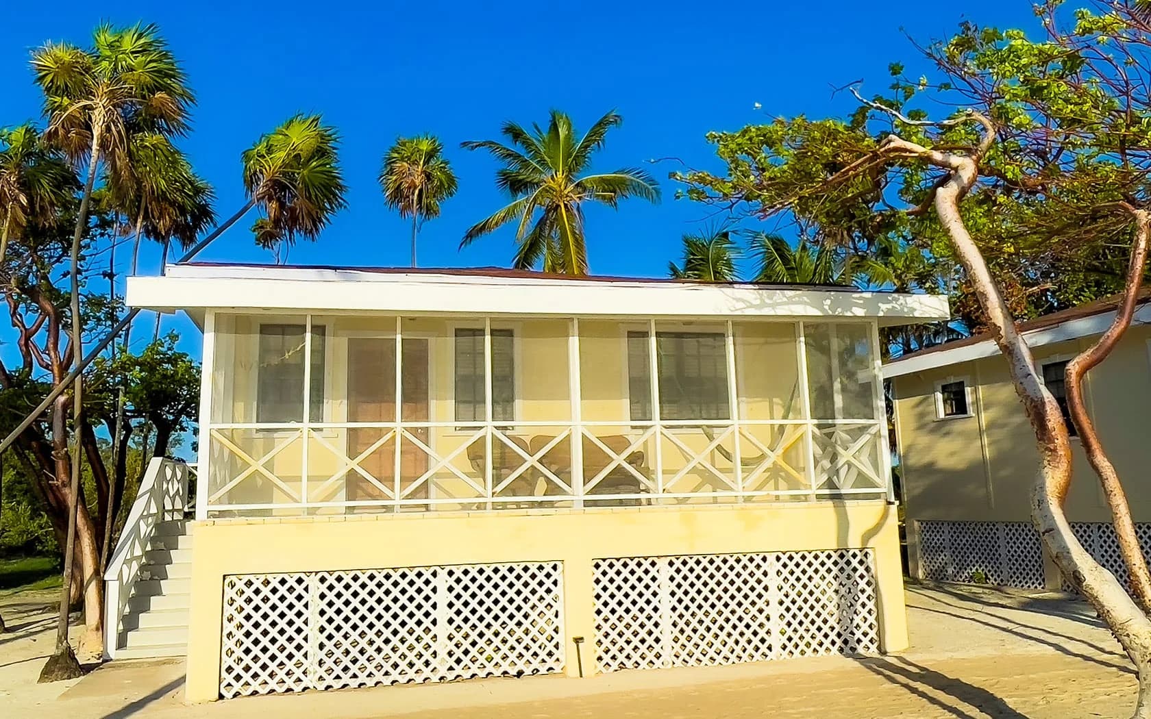 Deluxe Cabana exterior with screened porch at Blackbird Caye Resort, Turneffe Atoll, Belize