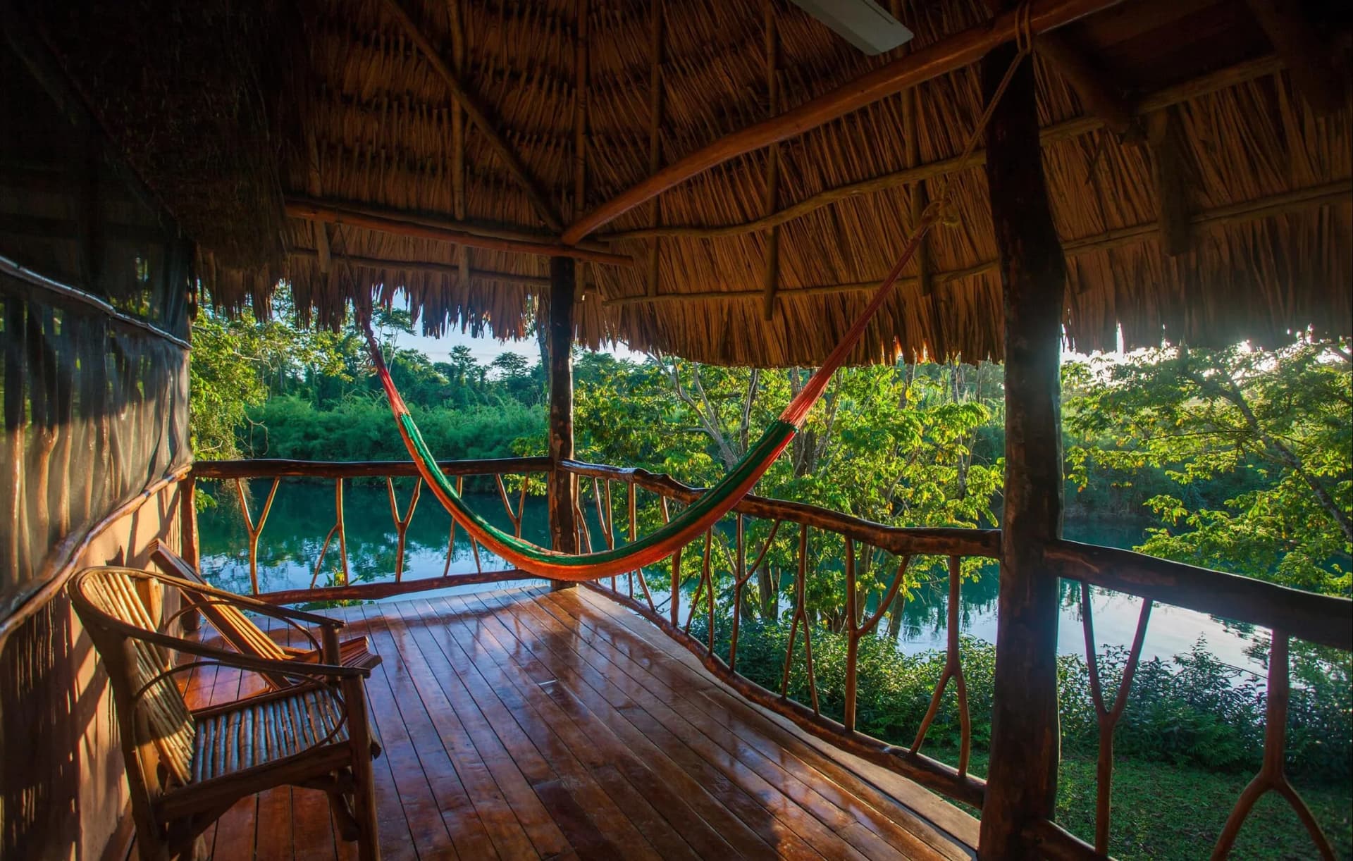 Cotton Tree Lodge hammock deck overlooking the jungle along the Moho River, Toledo District, Belize