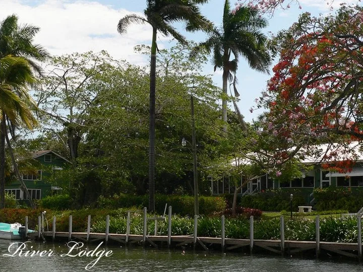 The green lodge buildings of Belize River Lodge seen from the Belize Olde River, with a skiff moored along the riverbank dock
